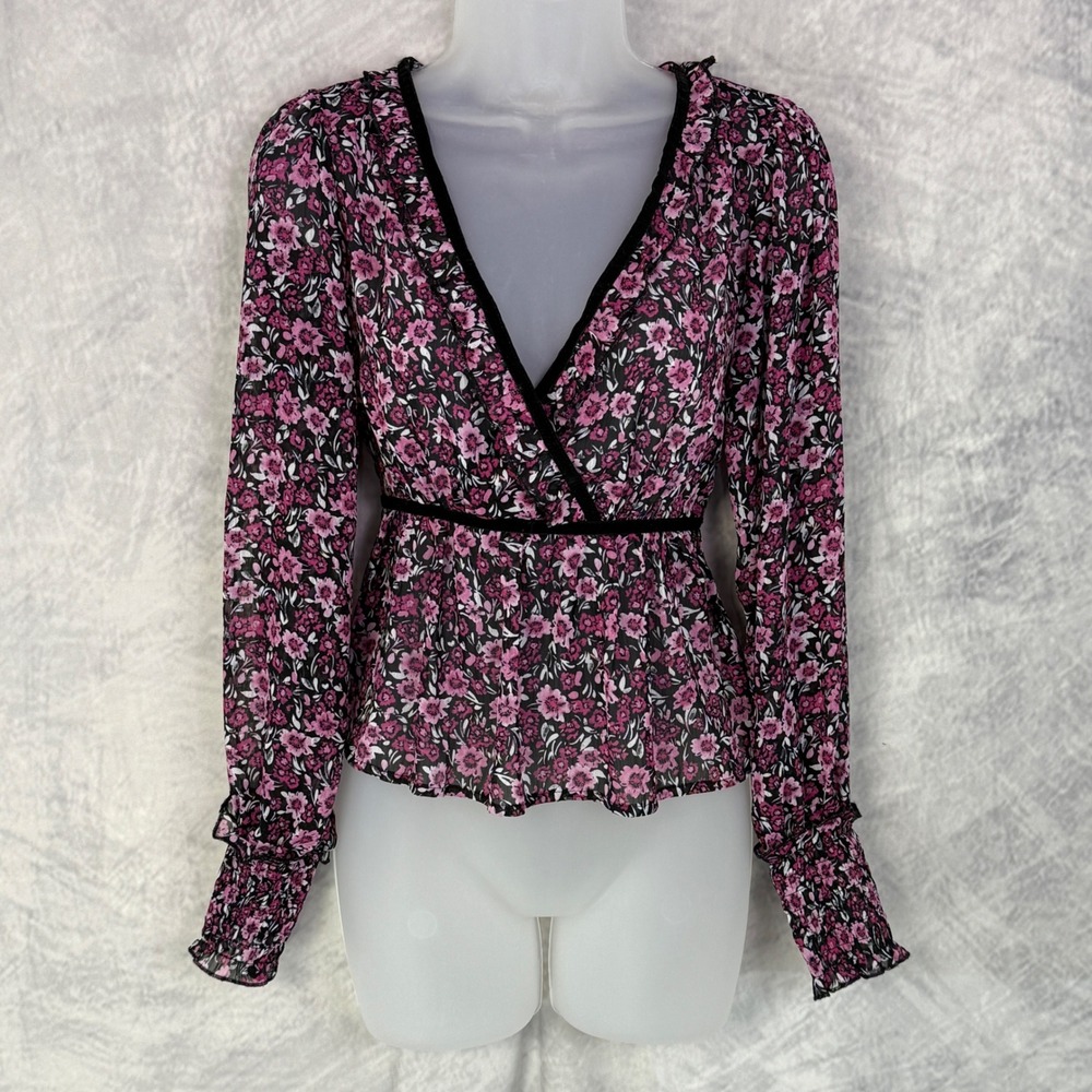 Dark Romantic Floral Peplum babydoll top Womens Sz‎ S Sheer fairy whimsical